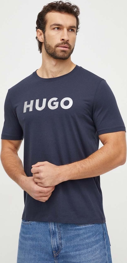 Granatowy t-shirt Hugo Boss w młodzieżowym stylu z nadrukiem z bawełny