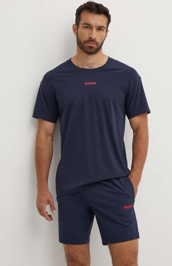 Granatowy t-shirt Hugo Boss z nadrukiem w stylu casual z bawełny