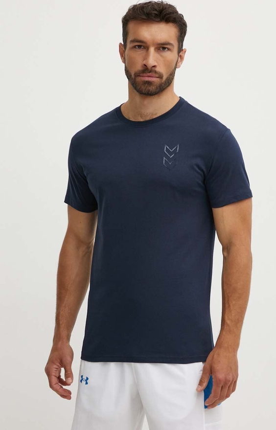 Granatowy t-shirt Hummel z krótkim rękawem z bawełny w stylu casual