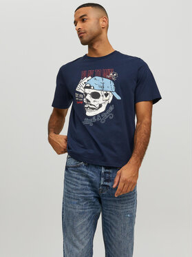 Granatowy t-shirt Jack & Jones w młodzieżowym stylu