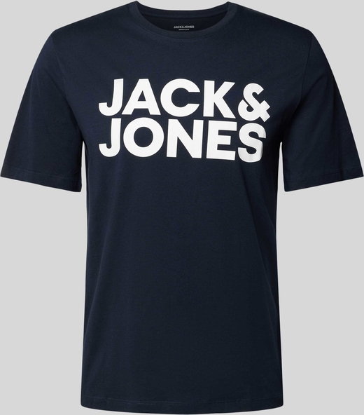 Granatowy t-shirt Jack & Jones w młodzieżowym stylu z nadrukiem z krótkim rękawem