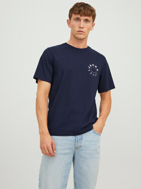 Granatowy t-shirt Jack & Jones z krótkim rękawem w młodzieżowym stylu
