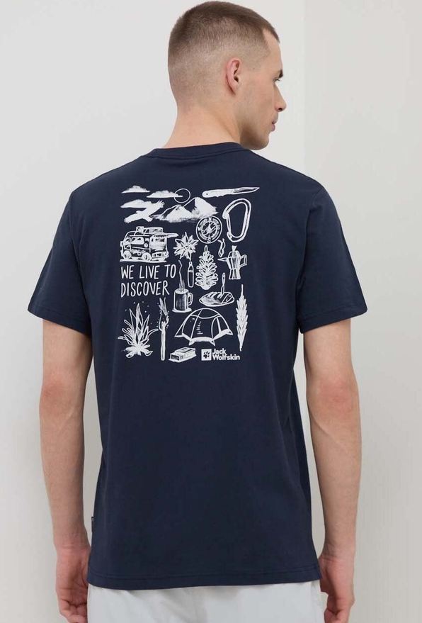 Granatowy t-shirt Jack Wolfskin z bawełny z nadrukiem