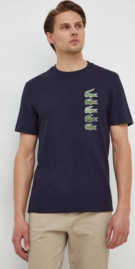 Granatowy t-shirt Lacoste z bawełny z nadrukiem