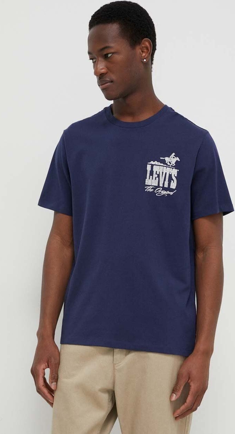 Granatowy t-shirt Levis z krótkim rękawem z bawełny z nadrukiem
