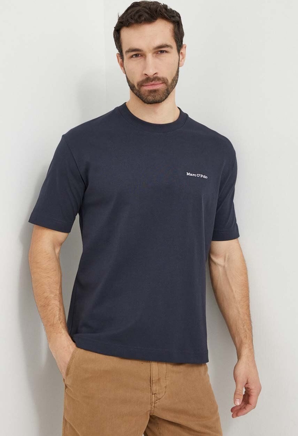 Granatowy t-shirt Marc O'Polo w stylu casual z krótkim rękawem z bawełny