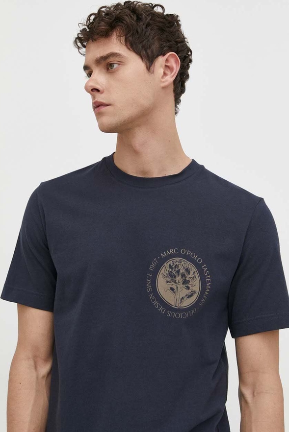 Granatowy t-shirt Marc O'Polo z nadrukiem z bawełny