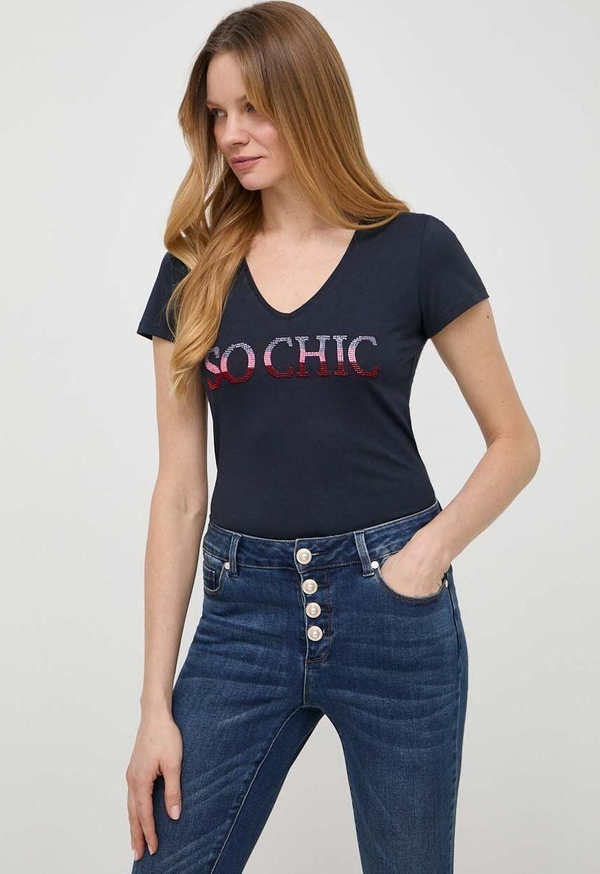 Granatowy t-shirt Morgan z okrągłym dekoltem z krótkim rękawem