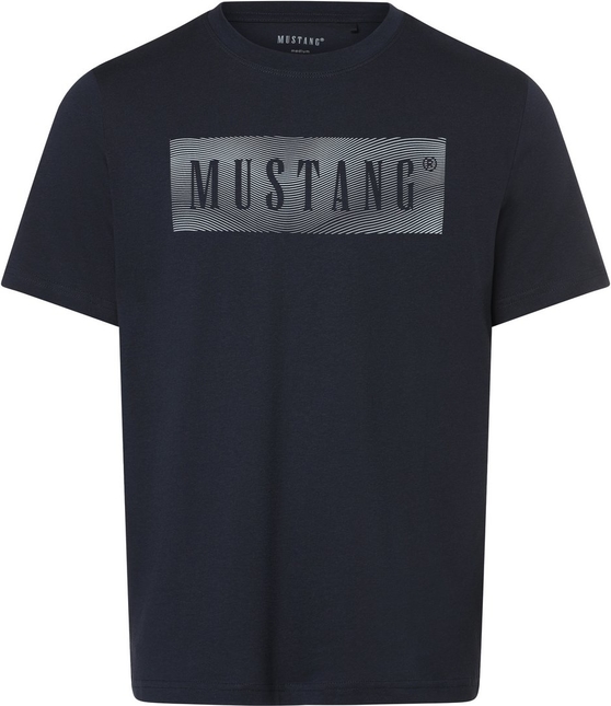 Granatowy t-shirt Mustang z krótkim rękawem w młodzieżowym stylu z bawełny