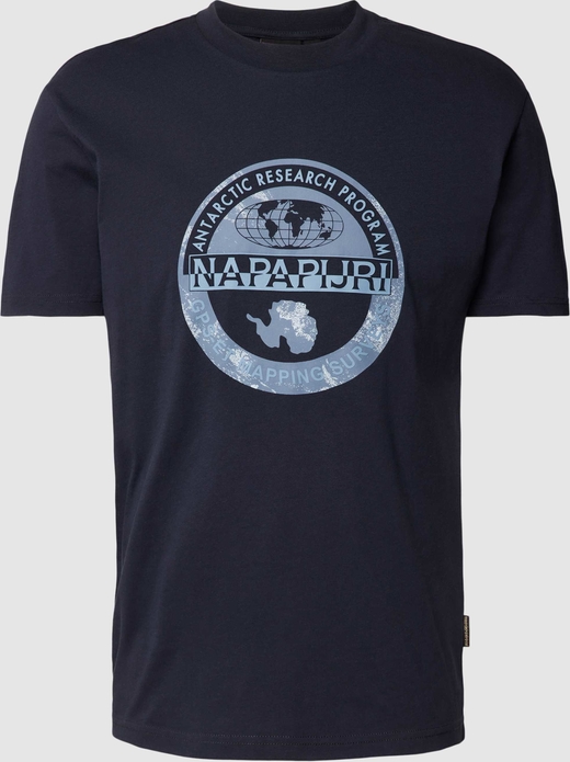 Granatowy t-shirt Napapijri w młodzieżowym stylu z bawełny z nadrukiem