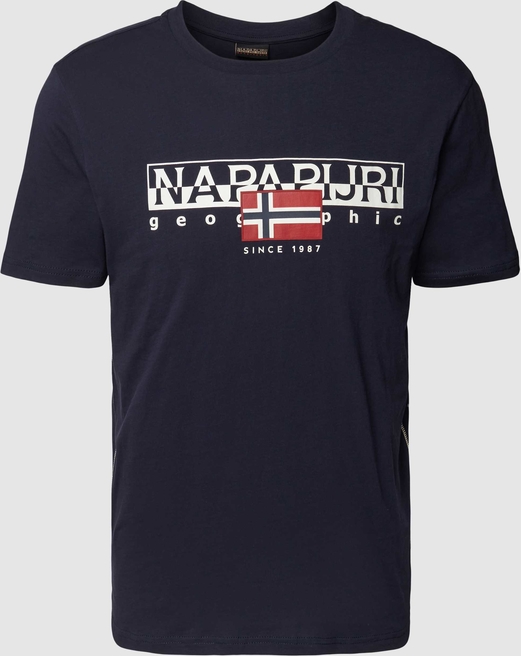 Granatowy t-shirt Napapijri z bawełny w młodzieżowym stylu z nadrukiem