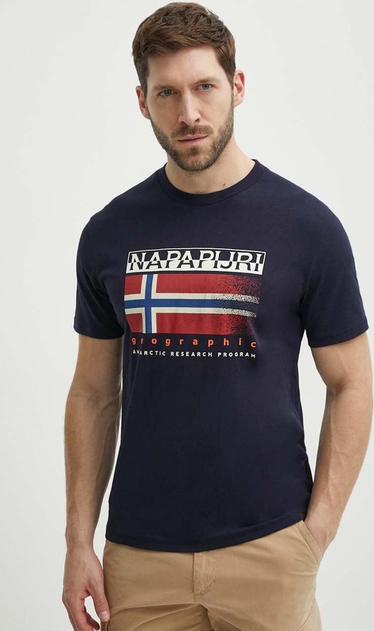 Granatowy t-shirt Napapijri z nadrukiem w sportowym stylu z bawełny