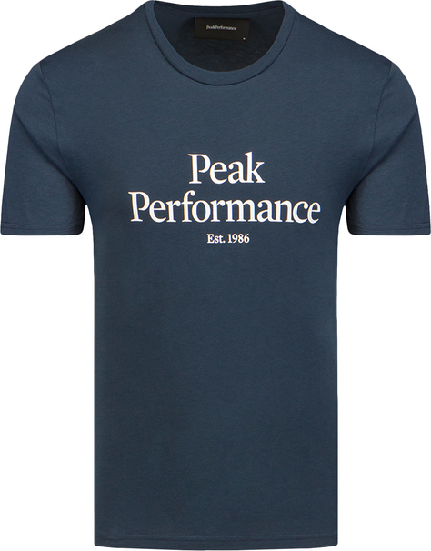 Granatowy t-shirt Peak performance z krótkim rękawem w młodzieżowym stylu