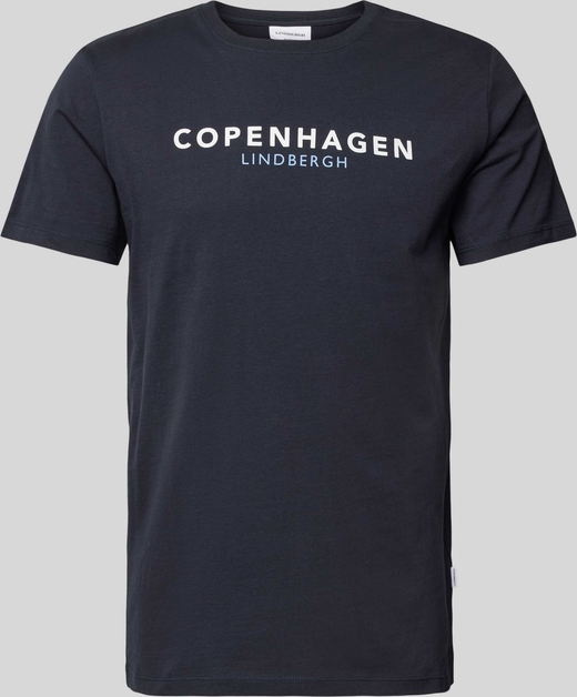 Granatowy t-shirt Peek&Cloppenburg z bawełny z krótkim rękawem z nadrukiem