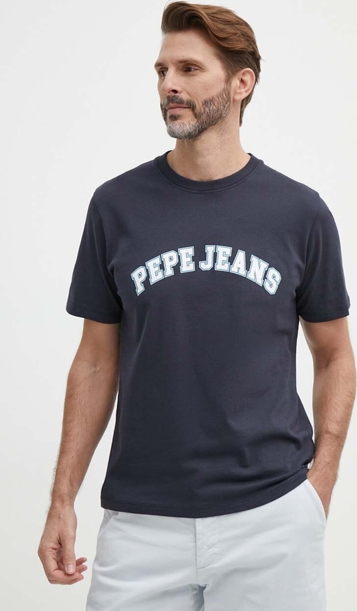 Granatowy t-shirt Pepe Jeans z krótkim rękawem z bawełny z nadrukiem