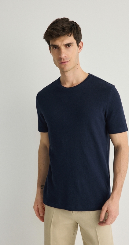 Granatowy t-shirt Reserved z bawełny w stylu casual