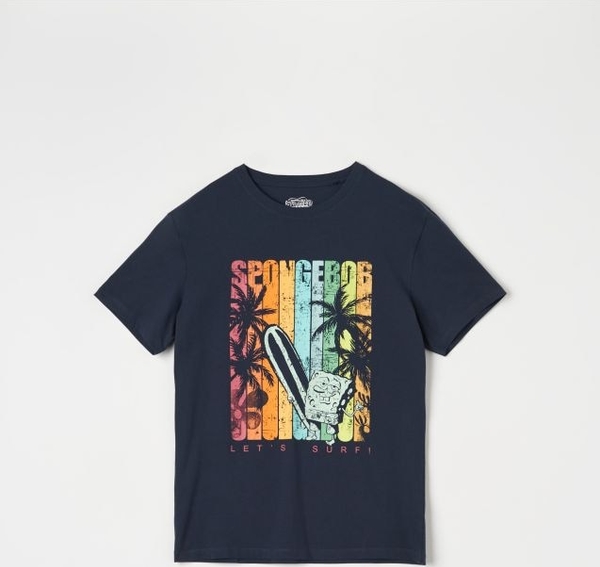 Granatowy t-shirt Sinsay z bawełny z krótkim rękawem z nadrukiem