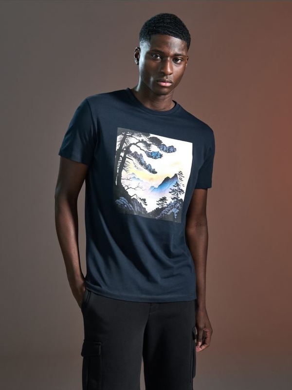 Granatowy t-shirt Sinsay z krótkim rękawem w młodzieżowym stylu z bawełny