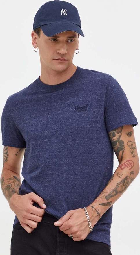 Granatowy t-shirt Superdry w stylu casual z krótkim rękawem z bawełny