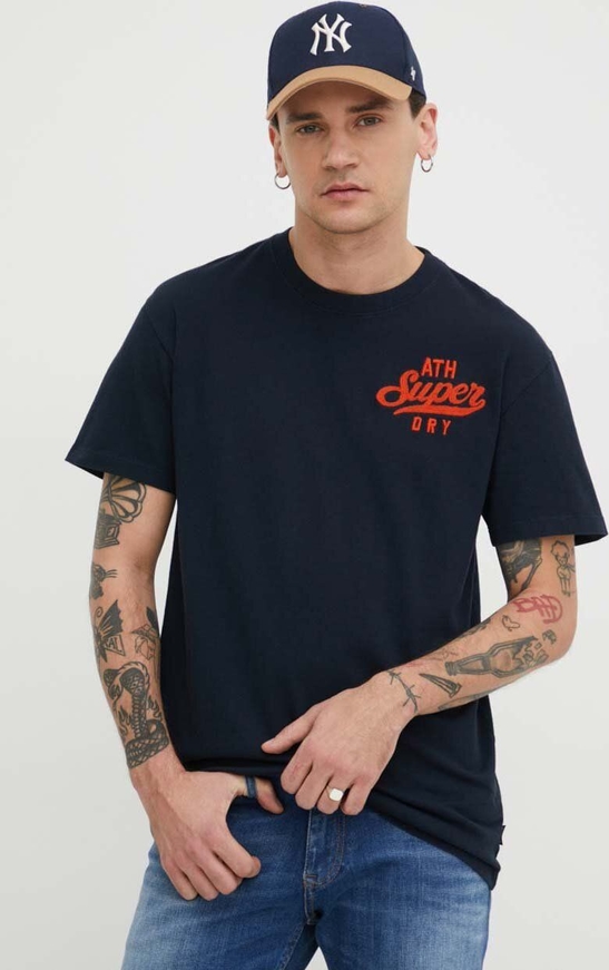 Granatowy t-shirt Superdry z bawełny w młodzieżowym stylu z krótkim rękawem