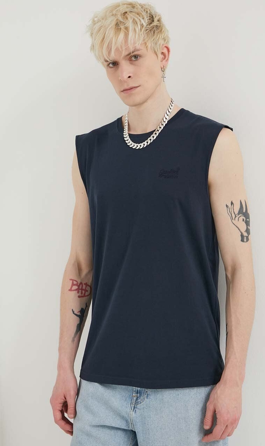 Granatowy t-shirt Superdry z krótkim rękawem z bawełny w stylu casual
