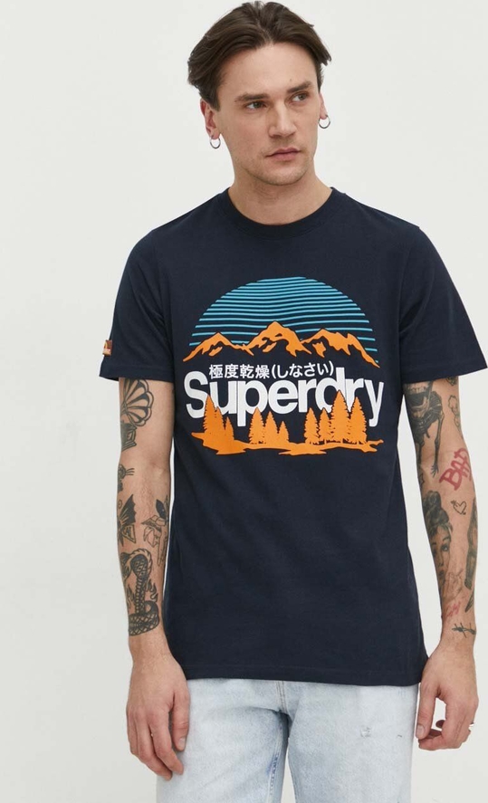 Granatowy t-shirt Superdry z krótkim rękawem z nadrukiem z bawełny