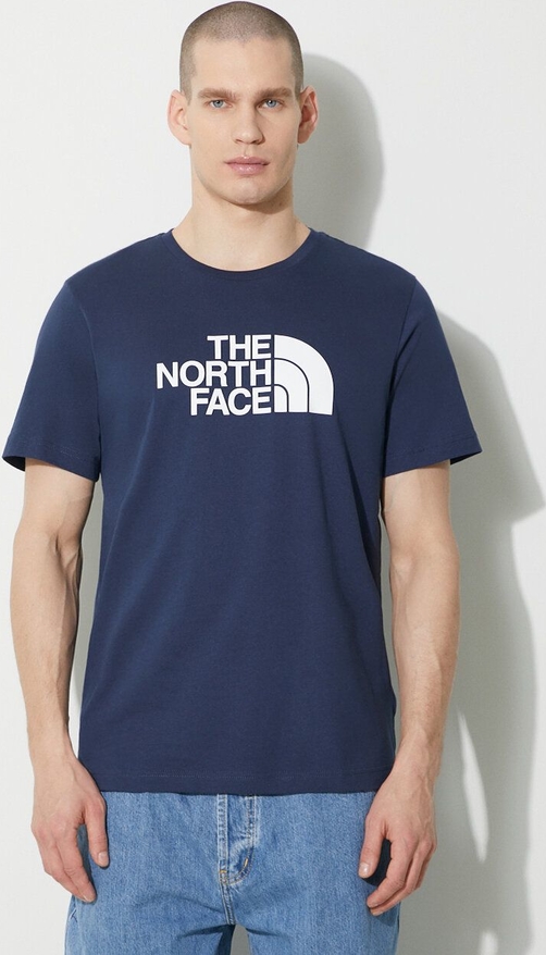 Granatowy t-shirt The North Face z krótkim rękawem z nadrukiem w sportowym stylu