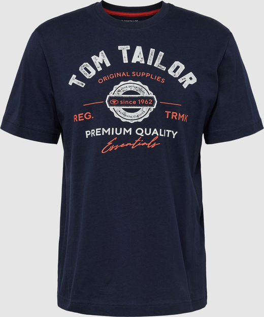 Granatowy t-shirt Tom Tailor z bawełny z nadrukiem w młodzieżowym stylu