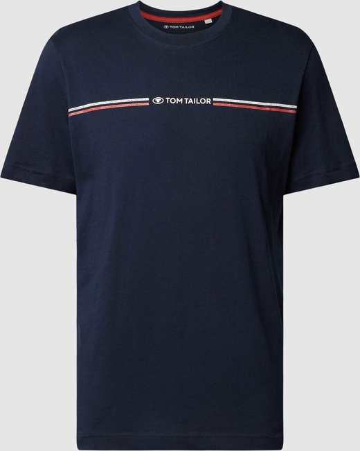 Granatowy t-shirt Tom Tailor z krótkim rękawem z nadrukiem w młodzieżowym stylu