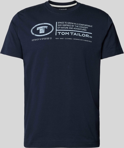 Granatowy t-shirt Tom Tailor z nadrukiem w młodzieżowym stylu z bawełny