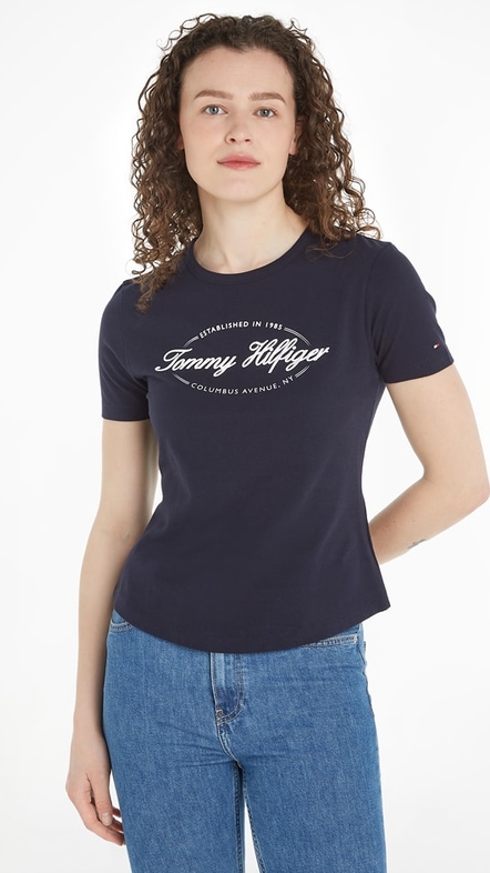 Granatowy t-shirt Tommy Hilfiger w młodzieżowym stylu z bawełny z okrągłym dekoltem