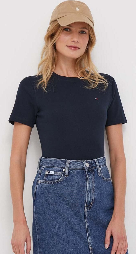 Granatowy t-shirt Tommy Hilfiger w stylu casual z okrągłym dekoltem