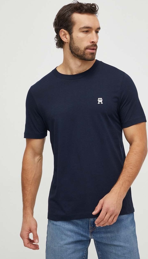 Granatowy t-shirt Tommy Hilfiger z krótkim rękawem z bawełny