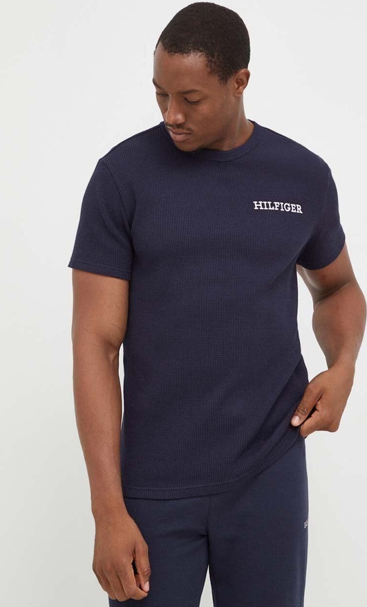 Granatowy t-shirt Tommy Hilfiger z krótkim rękawem z bawełny w stylu casual