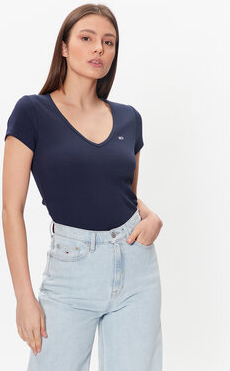 Granatowy t-shirt Tommy Jeans z krótkim rękawem w stylu casual z dekoltem w kształcie litery v