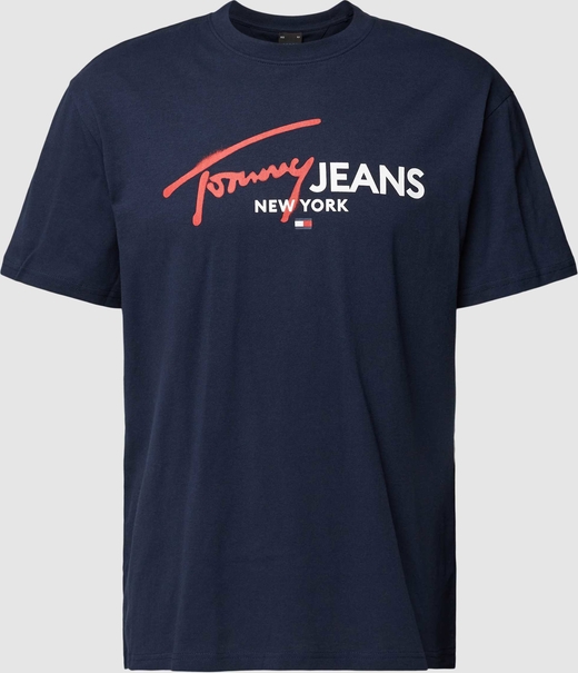 Granatowy t-shirt Tommy Jeans z krótkim rękawem z nadrukiem w młodzieżowym stylu