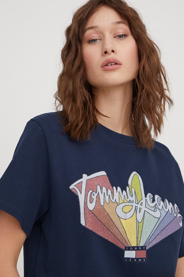 Granatowy t-shirt Tommy Jeans z krótkim rękawem z okrągłym dekoltem w młodzieżowym stylu