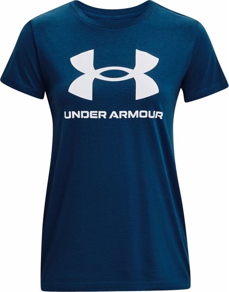 Granatowy t-shirt Under Armour w sportowym stylu z krótkim rękawem