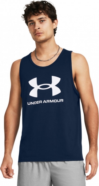 Granatowy t-shirt Under Armour z krótkim rękawem z nadrukiem z bawełny