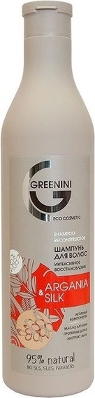Greenini, odbudowujący szampon do włosów, argan i jedwab, 500 ml