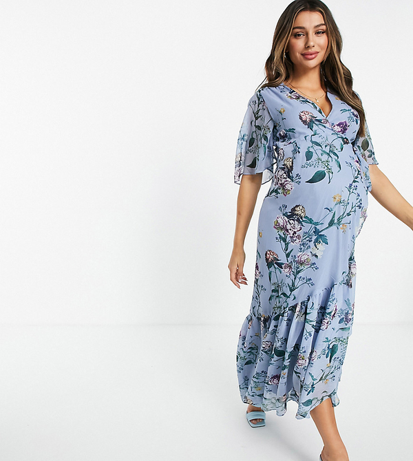 Hope & Ivy Maternity Hope &amp; Ivy Maternity – Błękitna sukienka midi w kwiaty z kontrastową koronką i bufkami-Niebieski