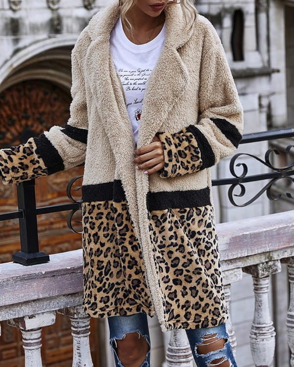 Kendallme Pluszowy płaszcz z długim rękawem w gepardy kurtka khaki