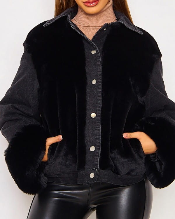 Kendallme Puszysty dżinsowy płaszcz z długim rękawem kurtka czarny