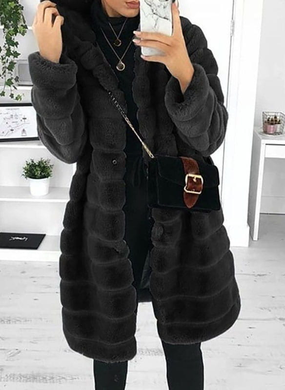 Kieszonkowy pluszowy płaszcz z długim rękawem i kapturem kurtka czarny Cikelly (S)
