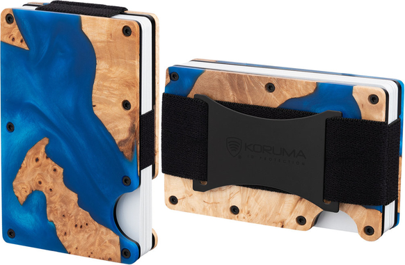 Koruma Aluminiowe etui z gumką na karty zbliżeniowe RFID (drewno + niebieska żywica)