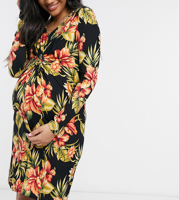 Mama Licious Mamalicious Maternity – Sukienka mini z ozdobnym wiązaniem i kwiatowym wzorem-Wielokolorowy
