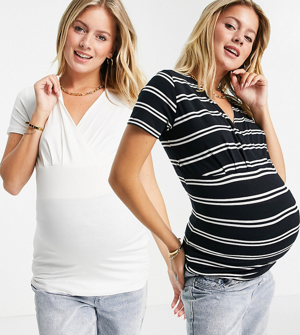 Mama Licious Mamalicious Maternity – Zestaw 2 bawełnianych T-shirtów do karmienia z kopertowym przodem w kolorze białym i w paski-Wielokolorowy