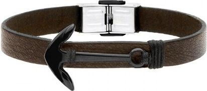 Manoki BA598BK skórzana bransoletka męska z czarną kotwicą, ciemny brąz