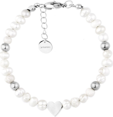 Manoki Bransoletka damska białe perełki srebrne serduszko do personalizacji