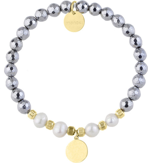 Manoki Damska bransoleta kulki srebrnego hematytu i białe perły z medalikiem do grawerowania
